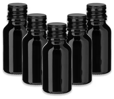 Produktbild von 5x Schwarze Glasflasche 15 ml mit schwarzem Aluminiumverschluss leer