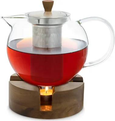 Produktbild von GLASWERK Teekanne mit Stövchen (1,3L) - Teekocher mit Teesieb und Stövchen aus Holz und Borosilikatglas - Teebereiter Glaskanne mit Deckel und edlem Teestövchen mit Kanne