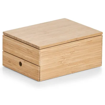 A wooden jewelry box with a drawer is shown against a white background.