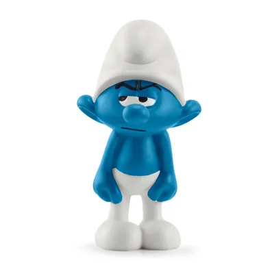 A blue Smurf figurine with a white hat and white pants, standing against a white background.