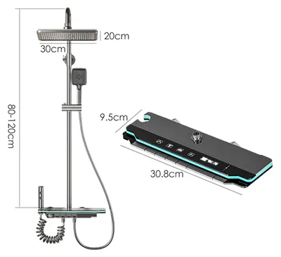 Immagine prodotto di Set doccia per il bagno – Miscelatore per acqua calda/fredda con display digitale della temperatura – Doccia a pioggia con LED – Soffione quadrato – Altezza regolabile – Acciaio inossidabile – Grigio