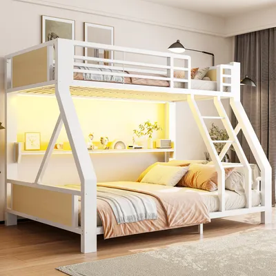 Immagine prodotto di Letto a castello in metallo Merax, dimensioni 90x200 cm e 140x200 cm, con illuminazione LED, lettino per bambini con ripiano, struttura in ferro e legno, un letto singolo nella parte superiore e un letto matrimoniale nella parte inferiore, colore bianco