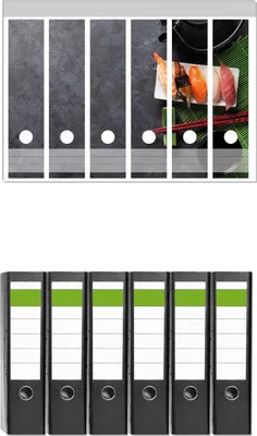 Produktbild von Wallario 6 Stück breite Ordner inkl. Klebeetiketten mit Motive Sushimenu auf Schiefer - Nigiri mit grünem Tee -  Set mit Rückenschildern / Ordnerrücken Stickern