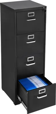 A black metal filing cabinet with four drawers, one of which is open and contains blue files.