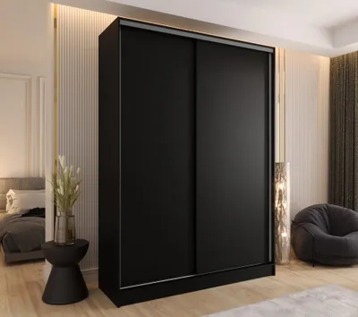 Produktbild von Schwebetürenschrank 2-türig 130x250x58 cm Schwarz mit 4 schubladen – Moderner Kleiderschrank für Schlafzimmer und Flur