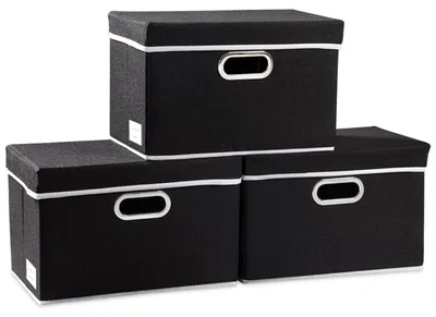 Obrázok produktu pre Úložné boxy s vekom, 38 x 25 x 25 cm, sada 3 kusov, čierna farba