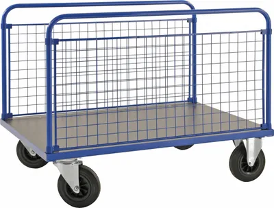 Produktbild von Kongamek Plattformwagen in blau 1200x800x900mm mit MDF-Platte und 2 stirnseitigen Gitterwänden mit Gummibereifung ohne Bremse