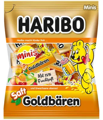Immagine prodotto di Orsetti Haribo Juice Gold Minis extra morbidi con 25% di succo di frutta 220g