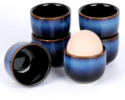 6 Keramik-Eierbecher, blau-schwarz, handgefertigt, spülmaschinenfest