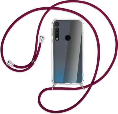 Produktbild von Handykette Backcover-Schutzhülle mit Band (Metall silberfarben) für Motorola One Macro - dunkelrot