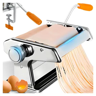 Produktbild von Manuelle Nudelmaschine aus Edelstahl, Pastamaschine für Spaghetti, Lasagne, Tagliatelle, mit Tischklemme und Schneidefunktion, Silber