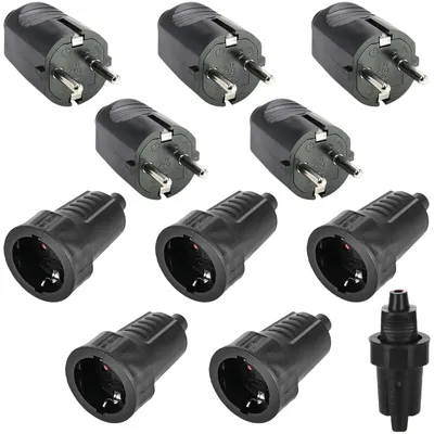 Produktbild von 5 x Schuko Stecker Kupplung Außenbereich: 250V 16A IP54 Schutzkontakt Stecker, Gummistecker Kupplung Set mit Knickschutz, 2-polig, Aussen Wasserdicht Schukostecker für Außenbereich, Schwarz