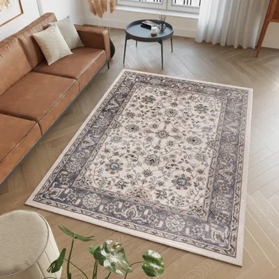 A living room scene with a brown leather sofa and a patterned rug.