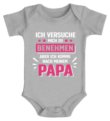 Produktbild von Baby Body bedruckt mit Spruch Ich versuche mich zu benehmen witzige Sprüche Baumwolle Jungen & Mädchen MoonWorks® Mädchen grau 0-3 Monate