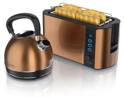 Produktbild von Arendo Frühstücks-Set, Wasserkocher Edelstahl 1,7l, 4 Scheiben Langschlitztoaster, 4 Scheiben Toaster, Frühstücksset, Wasserkocher Retro, 2200W, Brötchenaufsatz, kupfer