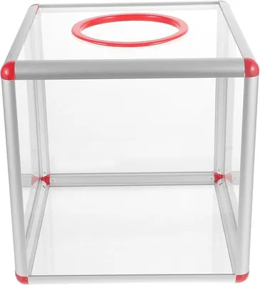 Imagen del producto de Cajas de acrílico con diseño transparente, ideales para sorteos y rifas en eventos corporativos. Práctica caja cúbica para donaciones, de 25 cm de tamaño