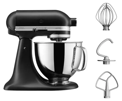A black KitchenAid stand mixer with its attachments displayed on a white background.
