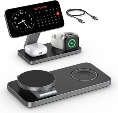 Produktbild von Kabelloses Ladegerät, 3 in 1 Ladestation Faltbar Induktive Wireless Charger für iPhone 16 15 14 13 12, Apple Watch 10/9/8/7/6/SE/5/4/3/, AirPods Pro