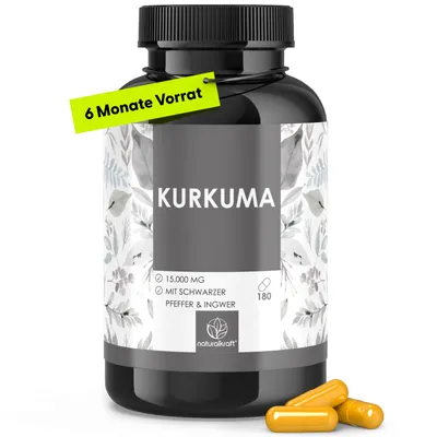 Produktbild von Kurkuma Premium Kapseln – Je Tagesdosis 15.000 mg Kurkuma Wurzelpulver mit Ingwer, Schwarzem Pfeffer & Zedoaria – Vegan, glutenfrei – 180 Kapseln