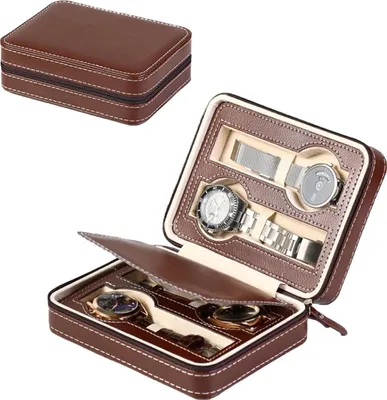 Image de Étui à montres pour 4 montres, boîte à montres Baun en similicuir avec fermeture éclair, boîte à montres pour voyager, coffret à montres pour les déplacements, boîte à montres avec doublure intérieure en velours, rangement de montres