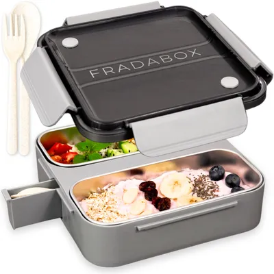 Produktbild von FRADABOX® Bento Lunchbox „Spencer“, 2 Fächer mit Besteck, Premium Edelstahl, BPA-freie Brotdose ideal für unterwegs, Meal Prep Bento Box Erwachsene