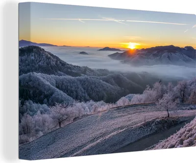 Obrázek produktu pro OneMillionCanvasses® - Obraz na plátně - 140x90 cm, Zima - Hory - Slunce - Večer, Nástěnná umělecká dekorace - Fotografie na plátně - Obraz na dřevěném rámu