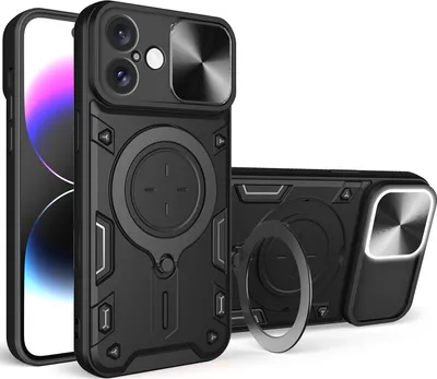 Produktbild von Handyhülle für iPhone 16 Plus Dual-Layer Stoßfest Rüstung Hülle mit Dia Kameraschutz und Kreisförmig Ring Ständer Schwarz