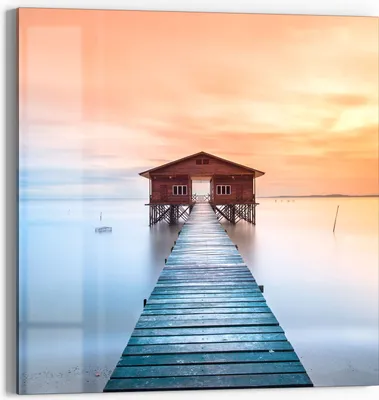 Produktbild von DEQORI Glasbild Echtglas 50x50 cm 'Holzsteg mit Hütte' Wandbild Bild modern Deko