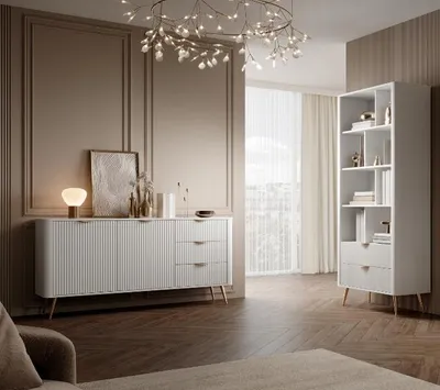 Produktbild von LANTE Möbelset Weiß – Kommode & Regal, 2-teilig, mit Riffel-Fronten, moderne Wohnzimmermöbel