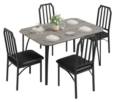 Immagine prodotto di Set da pranzo 5 pezzi: tavolo da pranzo con 4 sedie imbottite, in metallo e MDF, colore grigio