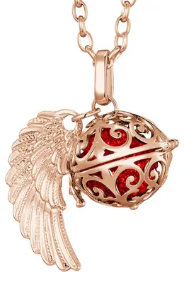 Produktbild von Morella Damen Halskette roségold Edelstahl 70 cm mit roségoldenem Anhänger Engelsflügel und Klangkugel Zikonia rot Ø 16 mm in Schmuckbeutel