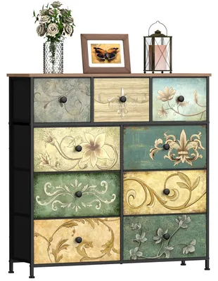 Kommode mit 9 Stoffschubladen, Metallrahmen, Holzplatte, 99x30x100 cm
