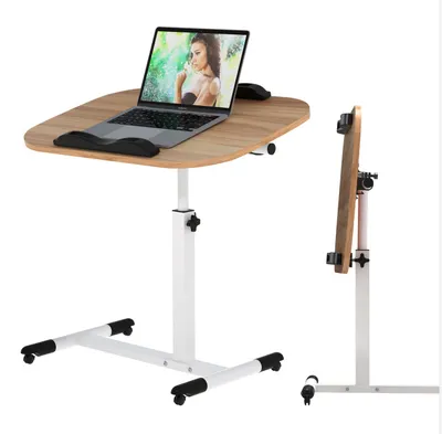 A mobile laptop table with a laptop on it, shown from the front and side.