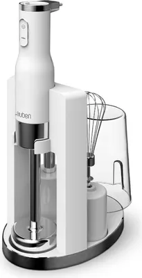 A white stick blender with its accessories in a charging/storage base.