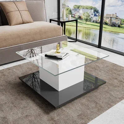 Produktbild von MODFU Couchtisch Wohnzimmertisch aus Hochglanzglas mit LED-Beleuchtung für Wohnzimmer, Schlafzimmer, Beistelltisch quadratischer mit Schwenkrädern, Weiß und Schwarz