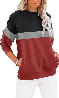 Produktbild von ASKSA Damen Pullover Rundhals Langarm Sweatshirt Casual Lose Farbblock Herbst Winter Oberteile Oversize Tops, Schwarz&Rot, S