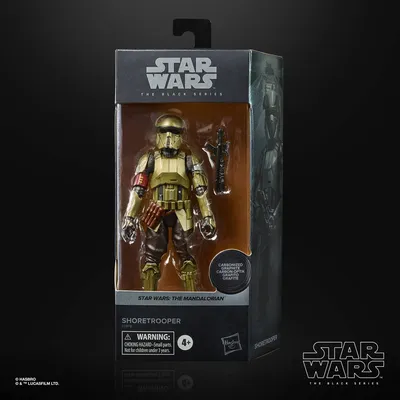 A Star Wars The Black Series Shoretrooper action figure in its packaging, displayed against a black background.