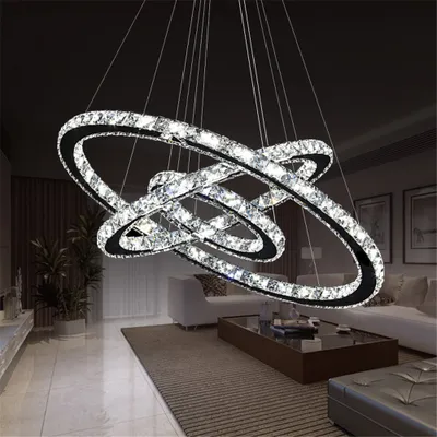 Produktbild von UISEBRT 96W LED Kristall Design Hängelampe Drei Ringe Kaltweiß Deckenlampe Pendelleuchte Kreative Kronleuchter