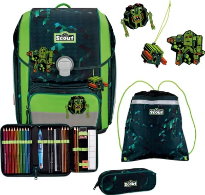 A collection of school supplies, including a backpack, pencil case, and drawstring bag, all featuring a pixelated robot design.