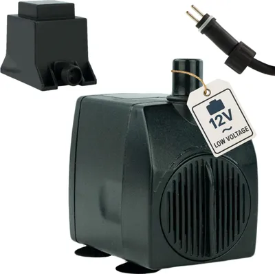 A black 12V water pump and its adapter are displayed against a white background.