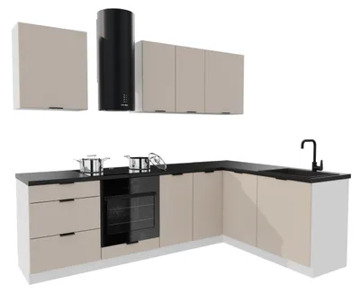 Produktbild von Eckküche - 260x170 cm - Beige Matt - MDF - mit schwarzer Arbeitsplatte - Küchenzeile - mit Hängeschränke und Unterschränke - DENIS