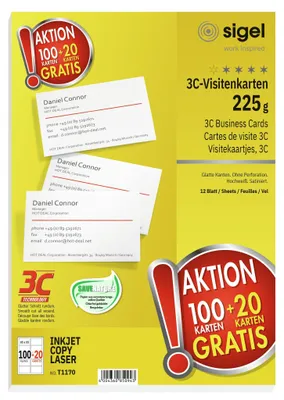 Produktbild von SIGEL T1170 2+1 Aktion Visitenkarten, 3C, 20 Karten gratis, glatter Schnitt rundum, 225 g/m², hochweiß, 120 Stück