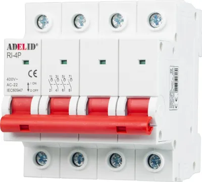 A white four-pole circuit breaker with red levers, shown from the front.
