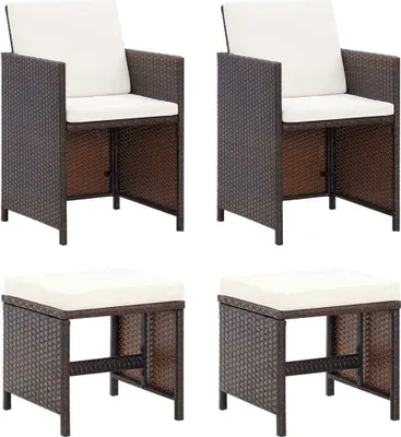 Image de The Living Store Ensemble de 4 chaises et tabourets de jardin en poly rotin brun