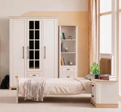 Productafbeelding van Enkelbed, jeugdbed, beige, hout, gestoffeerd hoofdeinde, modern