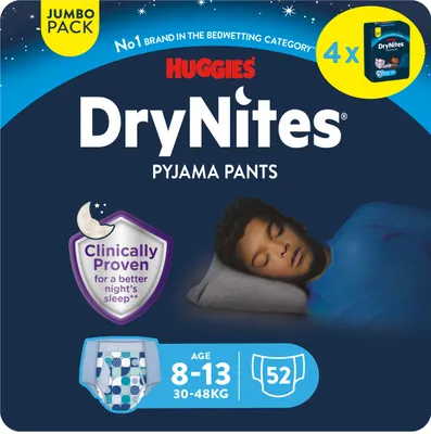 Packaging for Huggies DryNites Pyjama Pants, featuring a sleeping child and product details.