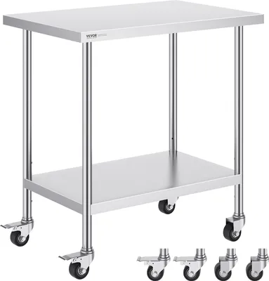 Obrázok produktu pre Pracovný stôl VEVOR z nehrdzavejúcej ocele, 610 x 914 x 954,6 mm, prípravný stôl so 4 kolieskami, 3 nastaviteľné výškové úrovne, pracovný stôl na prípravu jedál pre komerčné kuchyne a reštaurácie
