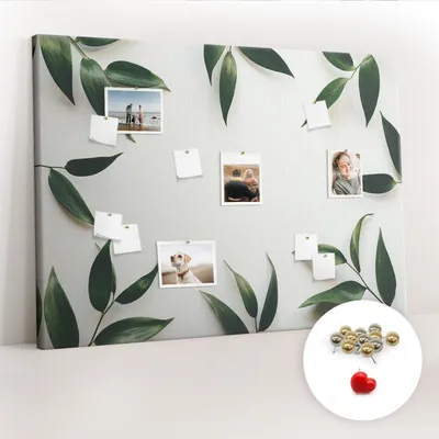Produktbild von Korkwand mit Stecknadeln – Schwarzes Korkboard für Fotos und Notizen – 140x100 cm – 100 Metall-Stecknadeln – Rahmen mit Blättern