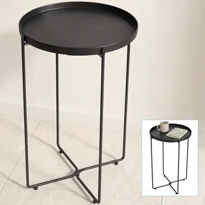 Produktbild von doporro Beistelltisch rund, Kleiner Tisch, Couchtisch rund mit 1 Ablagen und Metallgestell , 35 x 51cm, Beistelltisch Schwarz Reglo-08