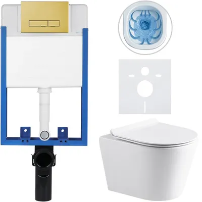 Obrázek produktu pro CERANO - Kompletní podomítkový WC set Lite/Norbi - bílá lesklá - WC tlačítko Slim, zlatá - k zazdění - 48,5x36,5 cm